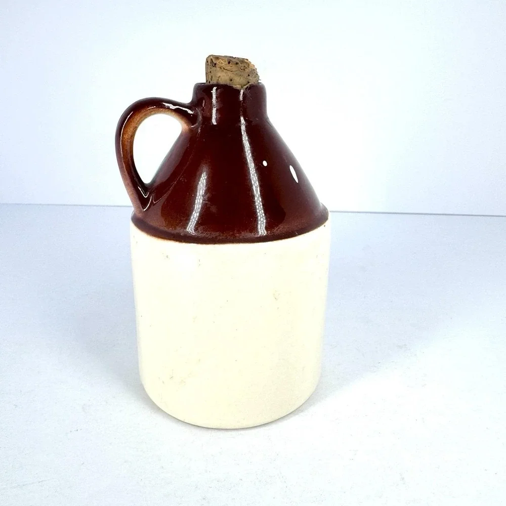 Vintage Mini Stoneware Maple Syrup Jug Cork Stopper Brown Cream‎ USA Pottery